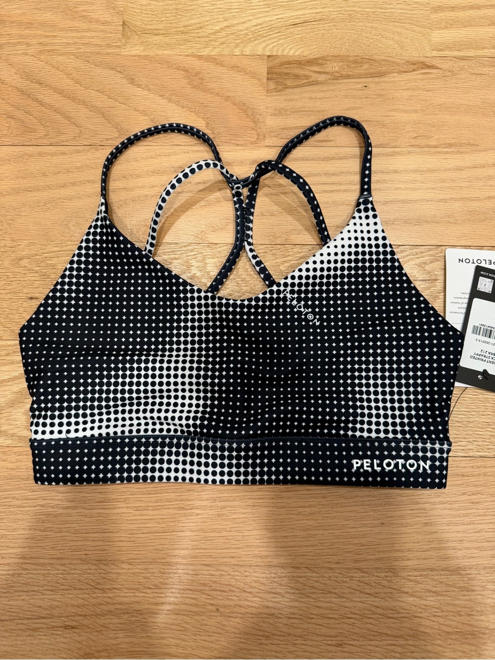NWT Peloton Cadent Printed V-Neck Strappy Back Bra Halftone Black